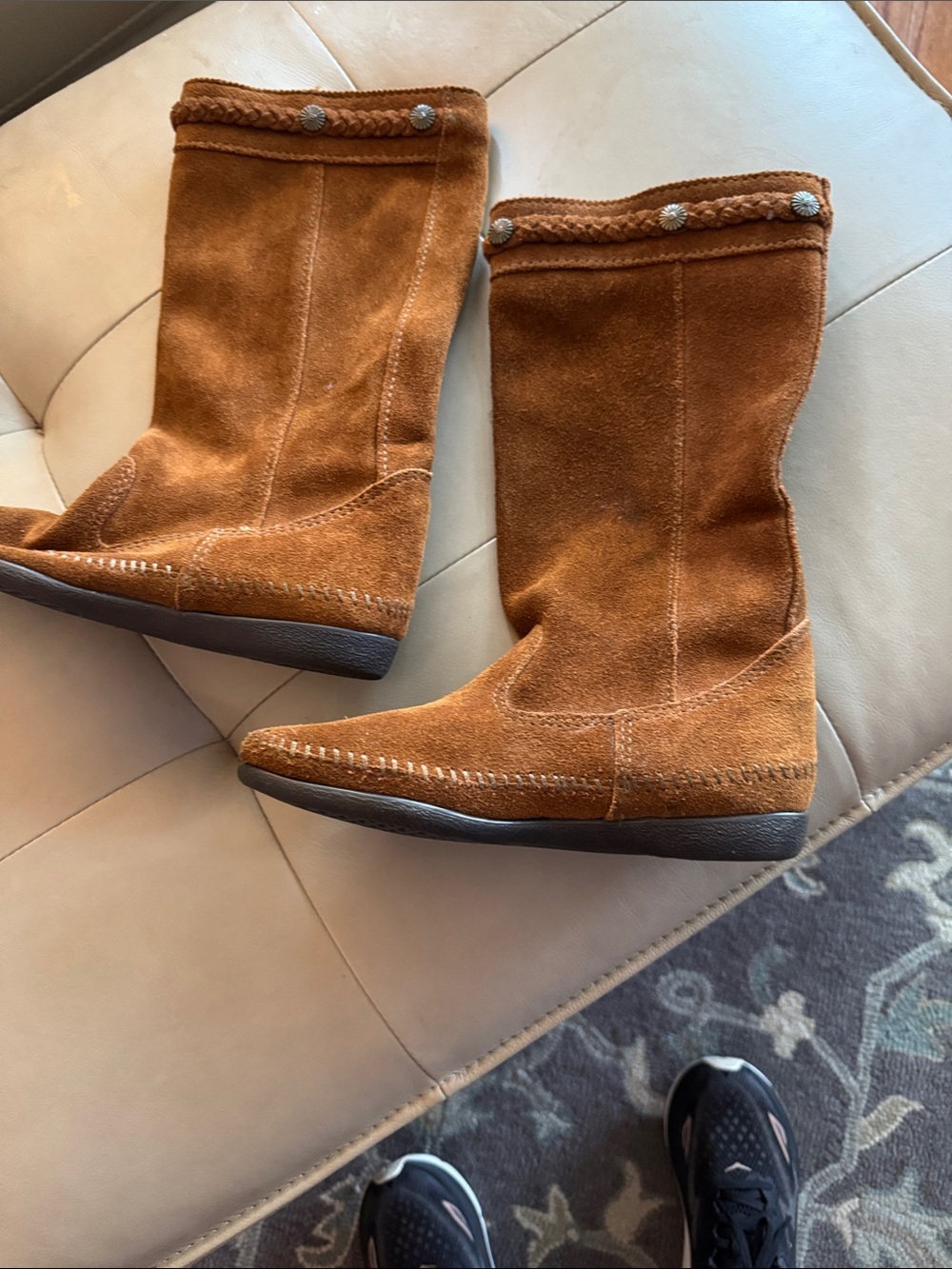 Minnetonka Chestnut Suede Mid-Calf Braided-Trim Boots